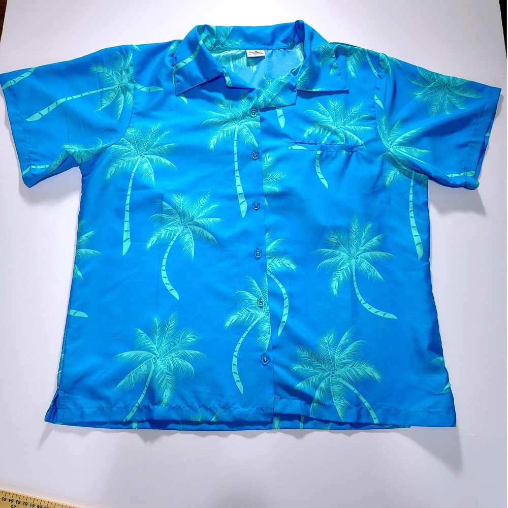 King‎ Kameha XL Hawaiian Shirt Palm Tree Blue Green Tropical Vacation Button